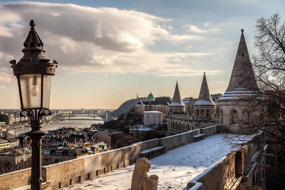 The snowy terrace of Fisherman's Bastion by the Buda Castle market, among the best Christmas markets in Budapest
