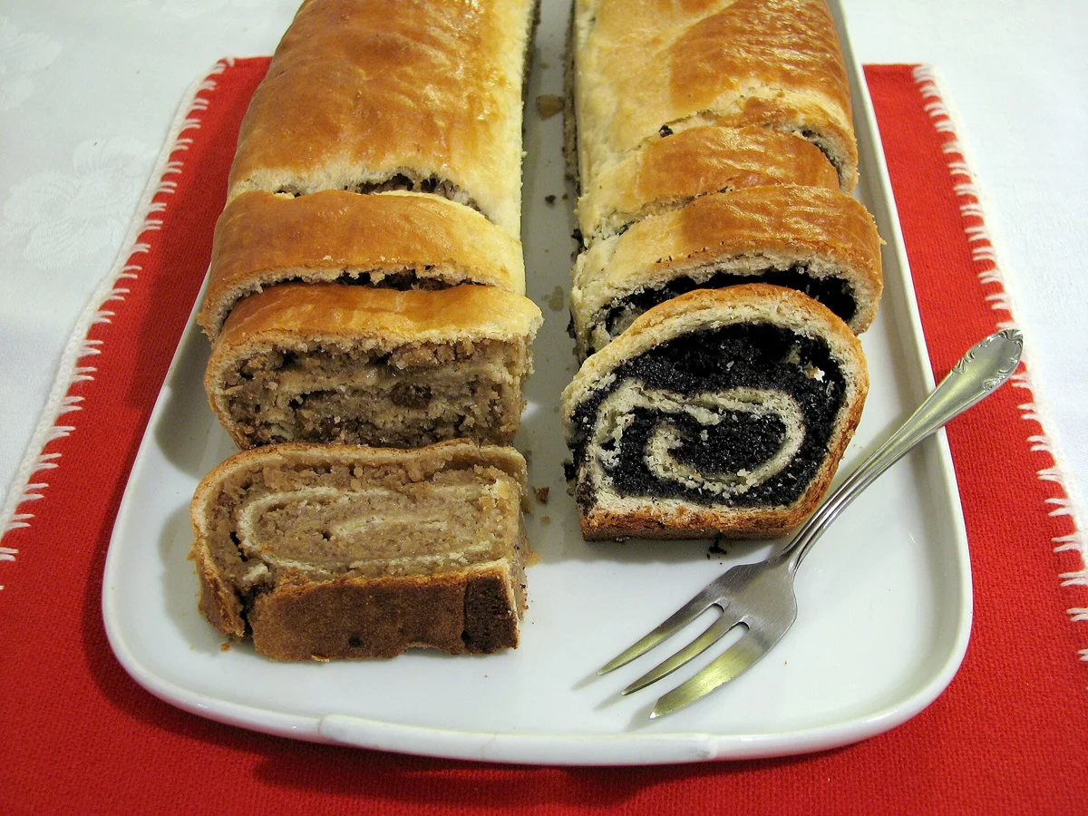 Walnut and poppy seed bejgli served for Christmas in Budapest