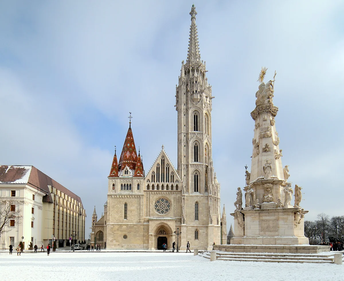 Matthias Church on Castle Hill in winter, seen from a viewpoint on the Budapest Christmas tour with folk music