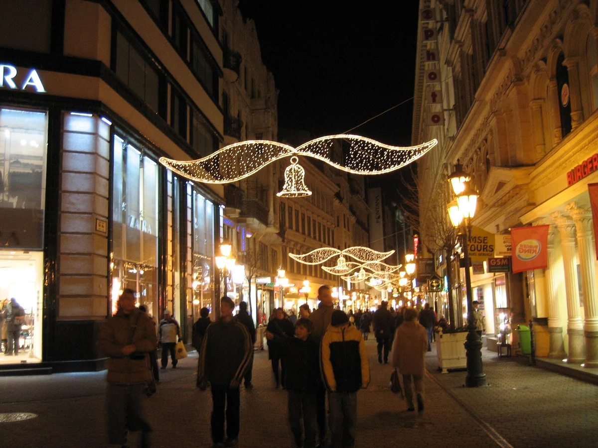 Christmas lights over Váci Street on a winter evening, Budapest in December